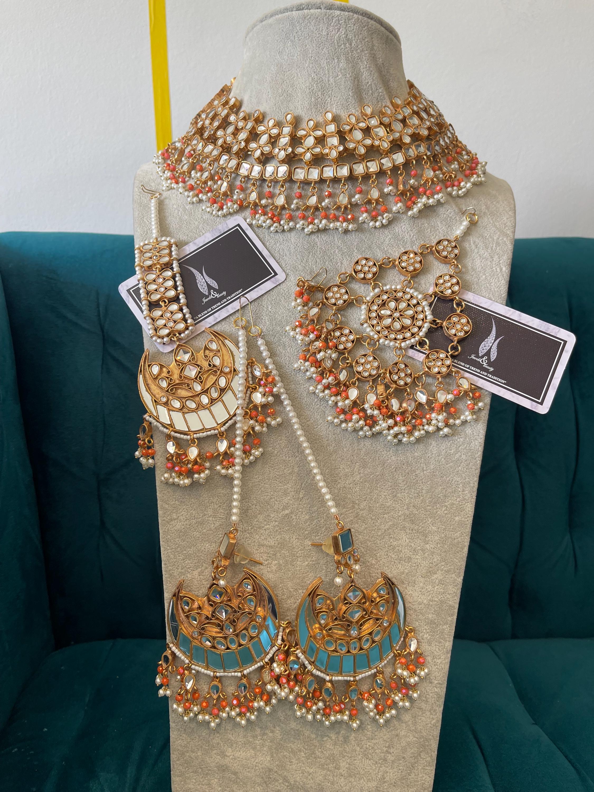 Gold Plated Kundan Bridal Jewelry Set: Peach & White Pearl Necklace Earrings Tikka Jhummar