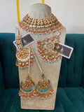 Gold Plated Kundan Bridal Jewelry Set: Peach & White Pearl Necklace Earrings Tikka Jhummar