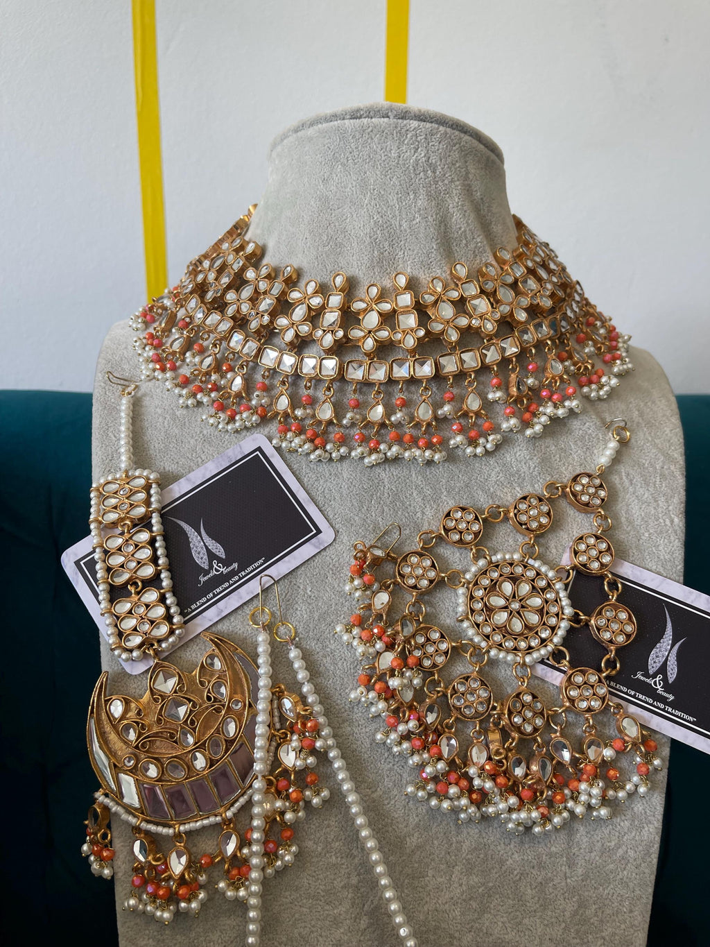 Gold Plated Kundan Bridal Jewelry Set: Peach & White Pearl Necklace Earrings Tikka Jhummar