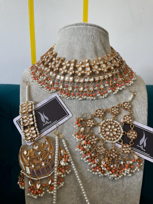 Gold Plated Kundan Bridal Jewelry Set: Peach & White Pearl Necklace Earrings Tikka Jhummar