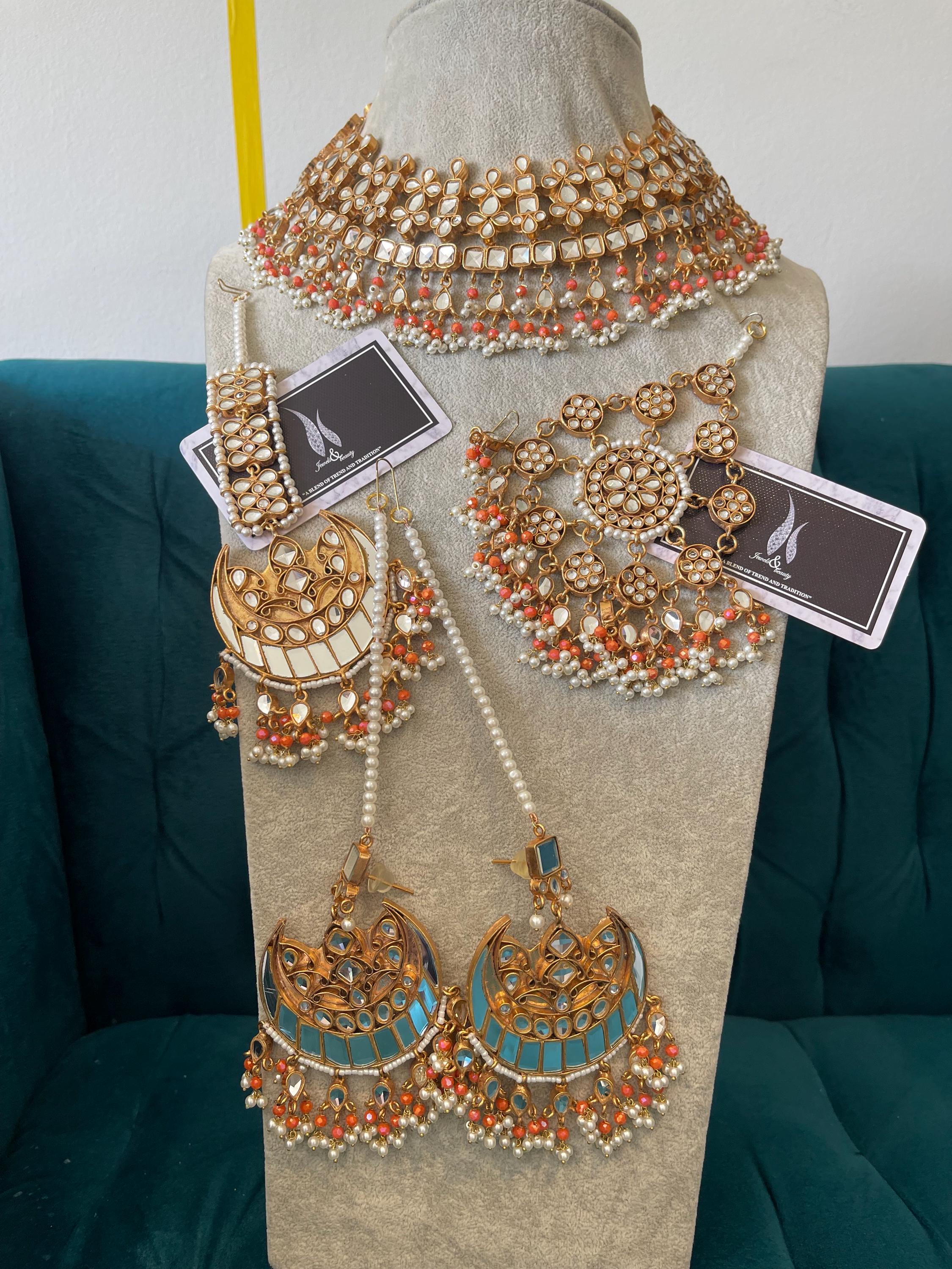 Gold Plated Kundan Bridal Jewelry Set: Peach & White Pearl Necklace Earrings Tikka Jhummar