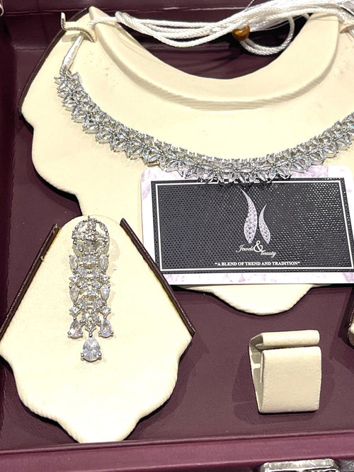 Gift for women christmas gift for her Silver CZ Diamanté Bridal Necklace Earring Set: Indian Pakistani Wedding Jewelry