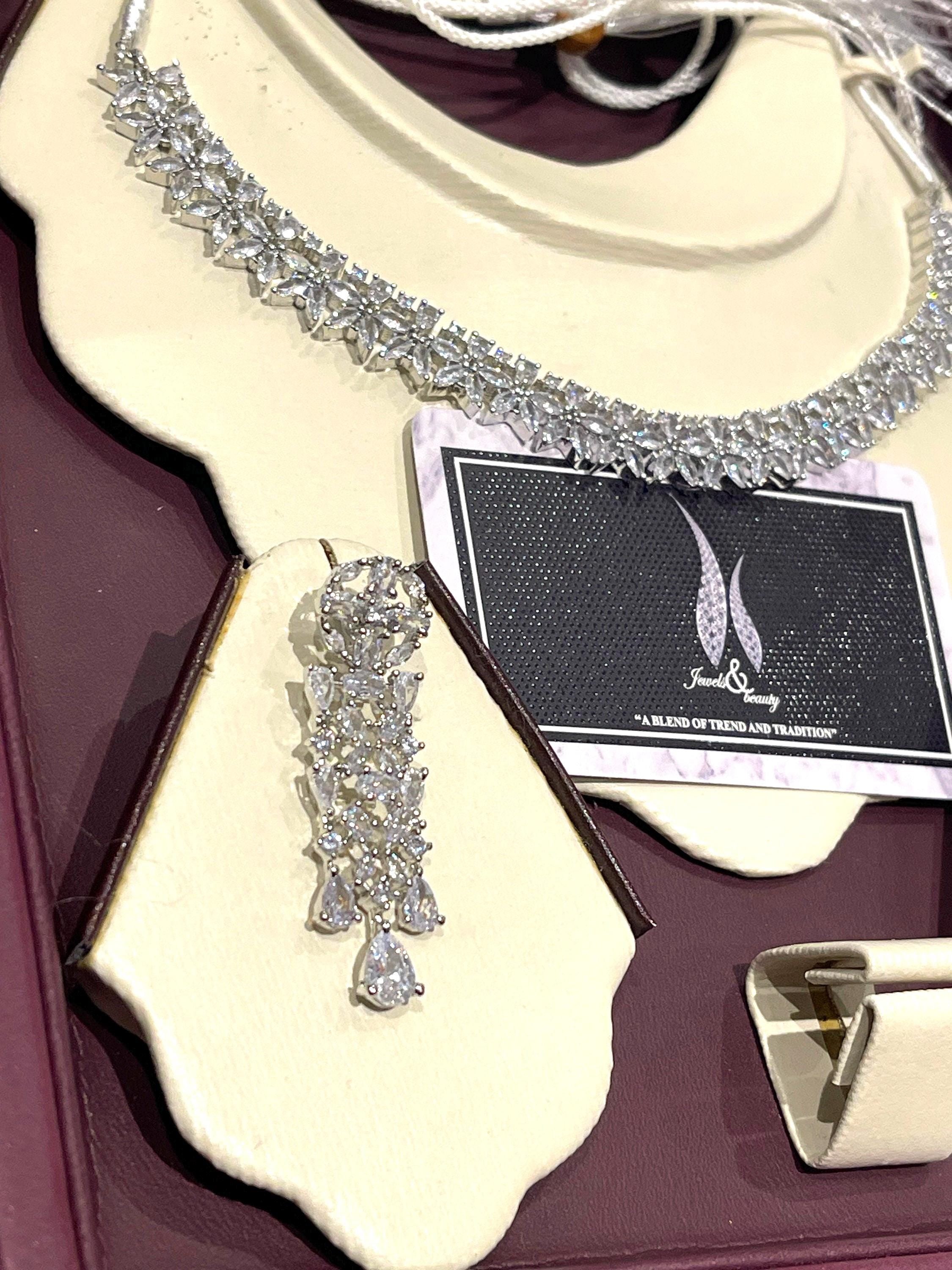 Gift for women christmas gift for her Silver CZ Diamanté Bridal Necklace Earring Set: Indian Pakistani Wedding Jewelry