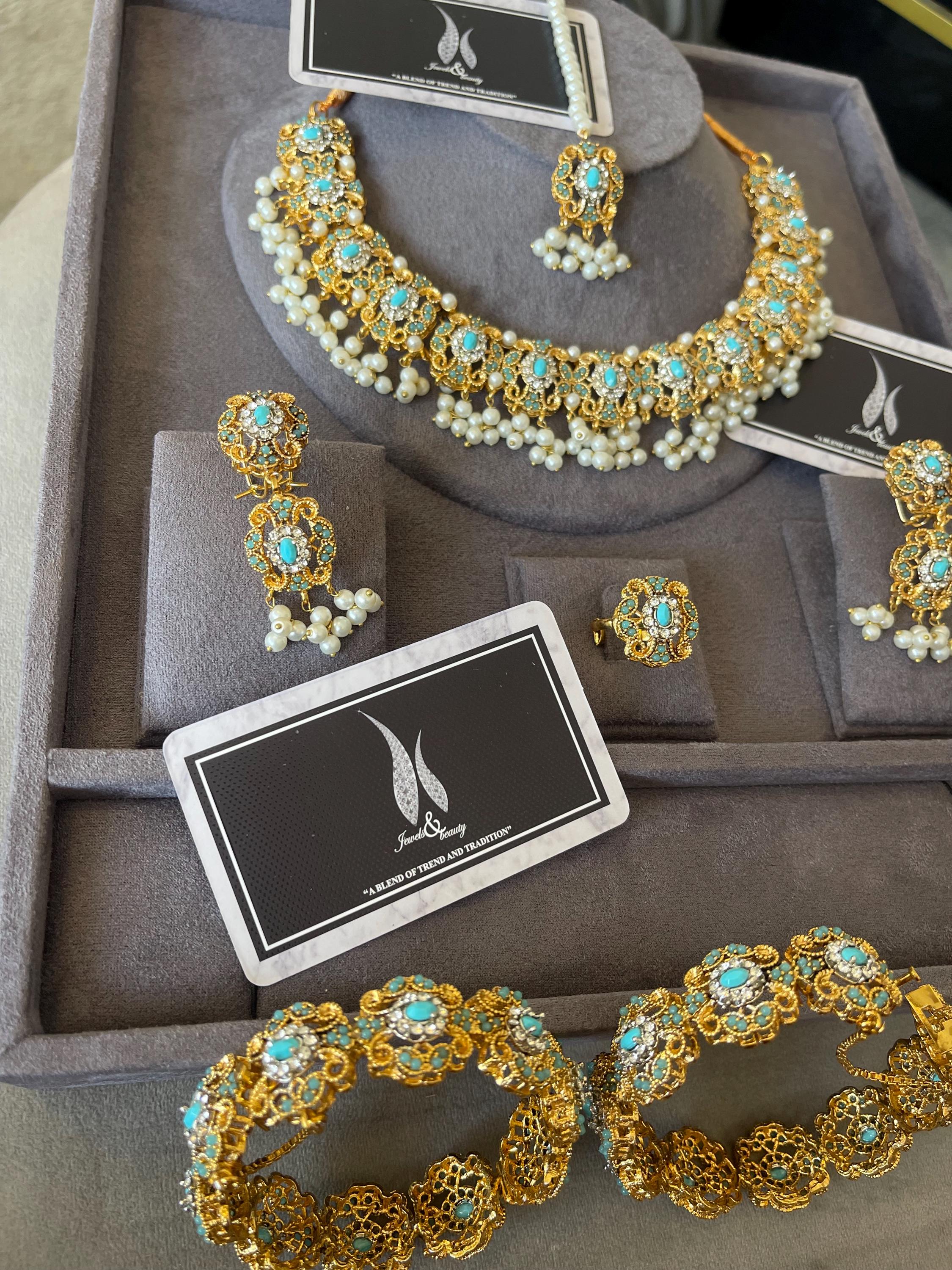 Turquoise Pearl Bridal Jewelry Set: South Asian Wedding Necklace, Earrings, Tikka, Bangles