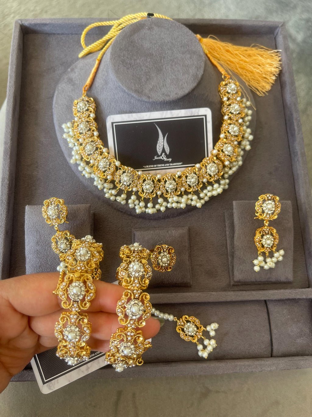 White Pearl South Asian Bridal Jewelry Set: Necklace, Earrings, Tikka, Bangles