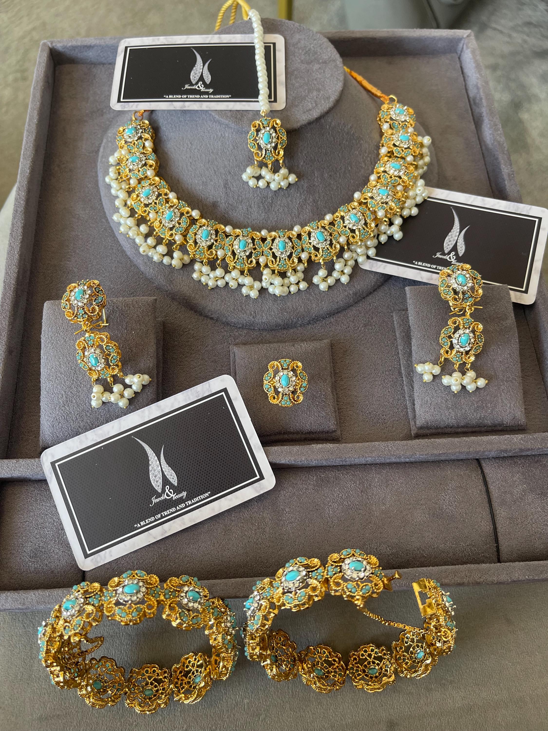 Turquoise Pearl Bridal Jewelry Set: South Asian Wedding Necklace, Earrings, Tikka, Bangles