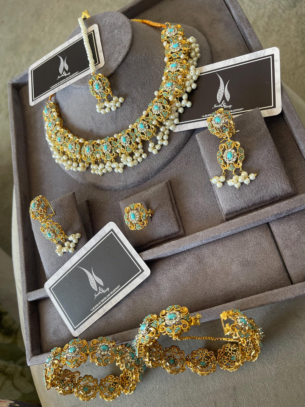Turquoise Pearl Bridal Jewelry Set: South Asian Wedding Necklace, Earrings, Tikka, Bangles