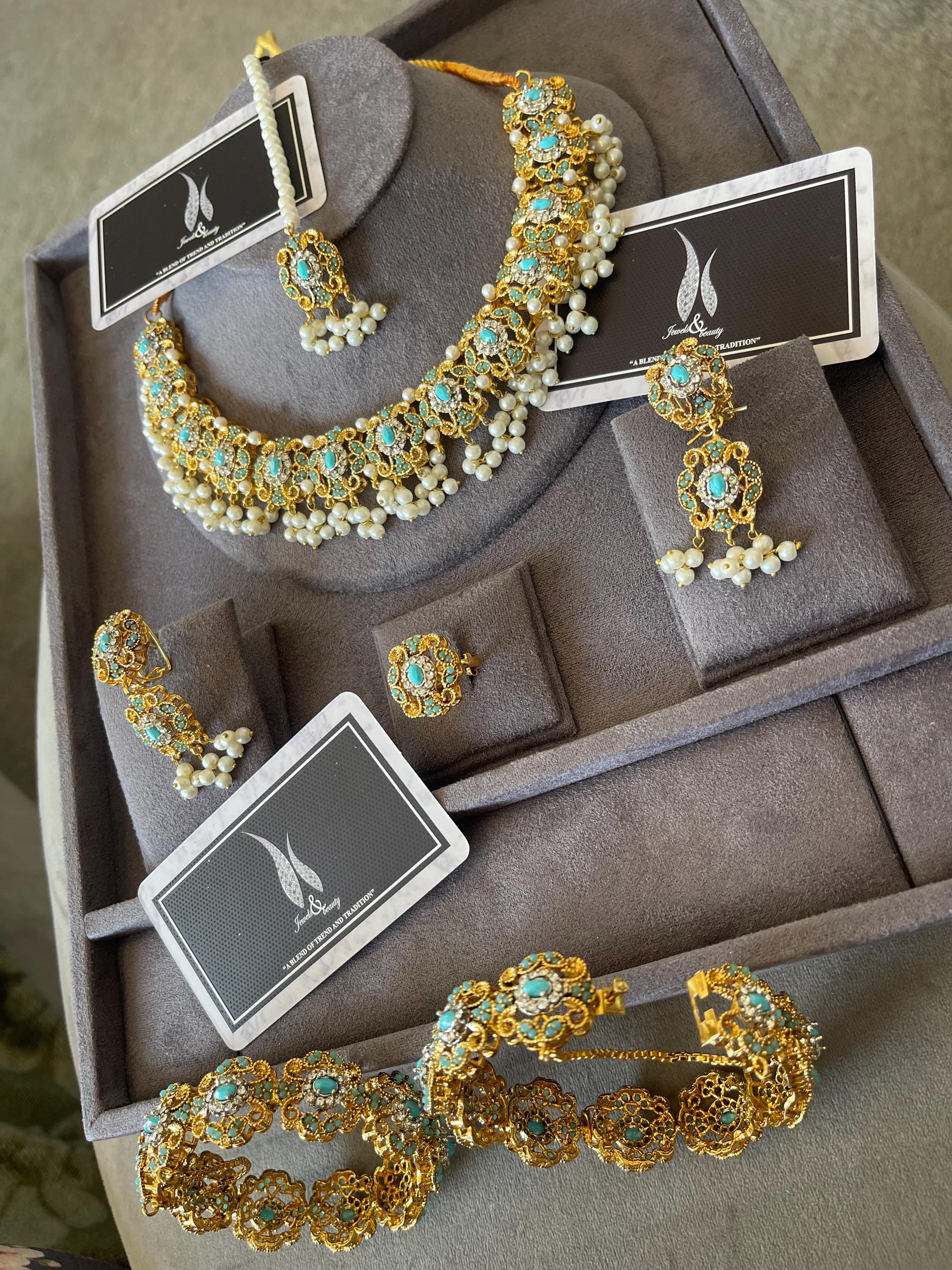 Turquoise Pearl Bridal Jewelry Set: South Asian Wedding Necklace, Earrings, Tikka, Bangles