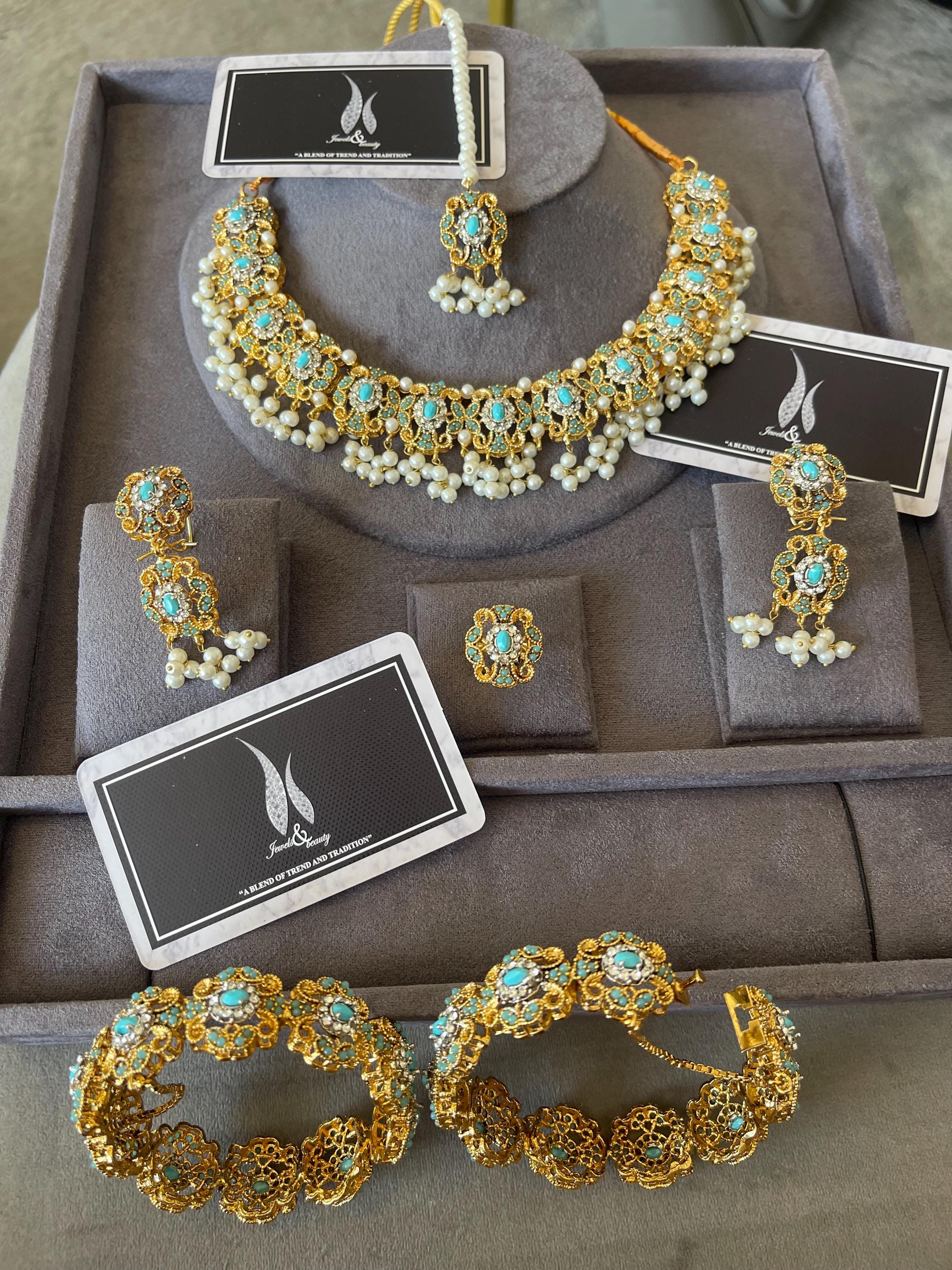 Turquoise Pearl Bridal Jewelry Set: South Asian Wedding Necklace, Earrings, Tikka, Bangles
