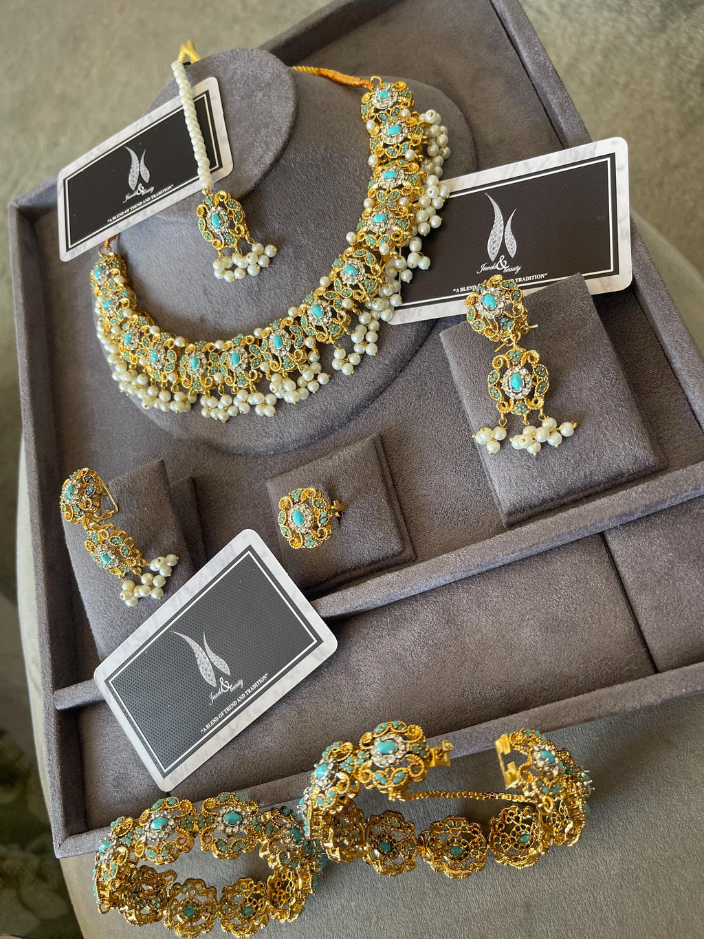 Turquoise Pearl Bridal Jewelry Set: South Asian Wedding Necklace, Earrings, Tikka, Bangles