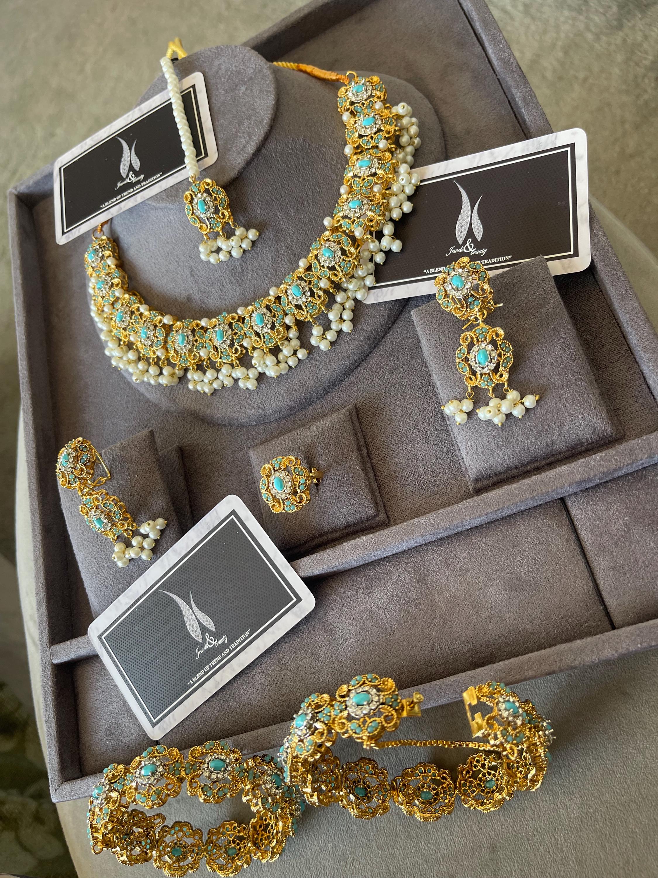 Turquoise Pearl Bridal Jewelry Set: South Asian Wedding Necklace, Earrings, Tikka, Bangles