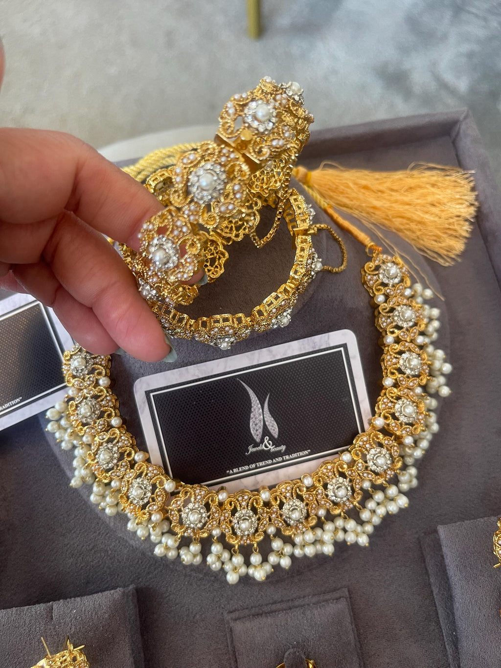 White Pearl South Asian Bridal Jewelry Set: Necklace, Earrings, Tikka, Bangles