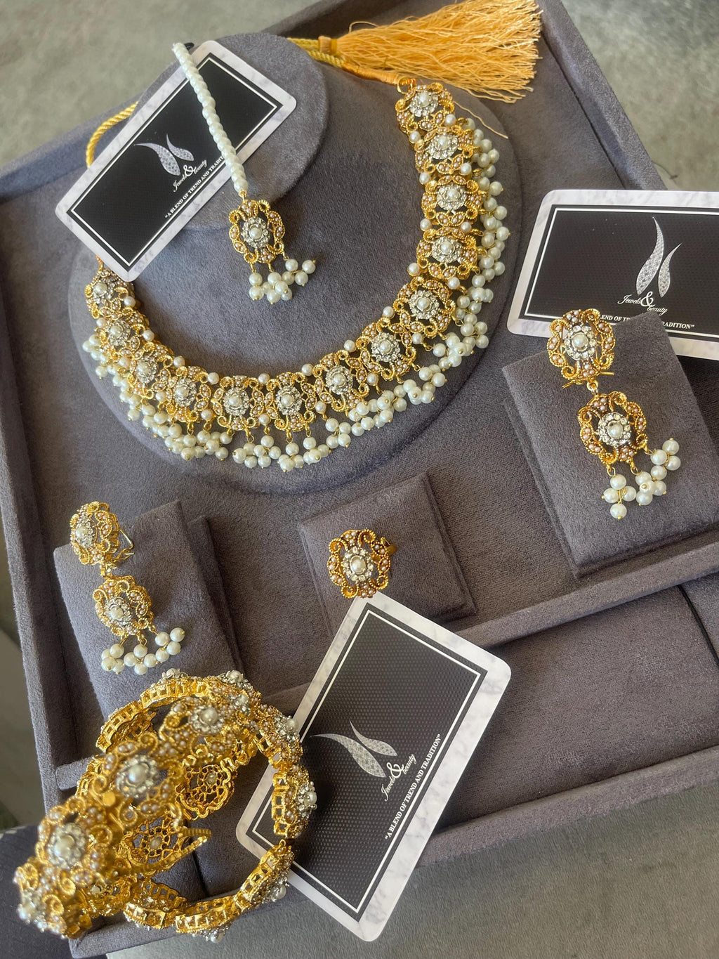 White Pearl South Asian Bridal Jewelry Set: Necklace, Earrings, Tikka, Bangles