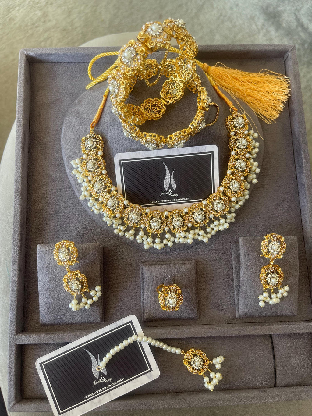 White Pearl South Asian Bridal Jewelry Set: Necklace, Earrings, Tikka, Bangles