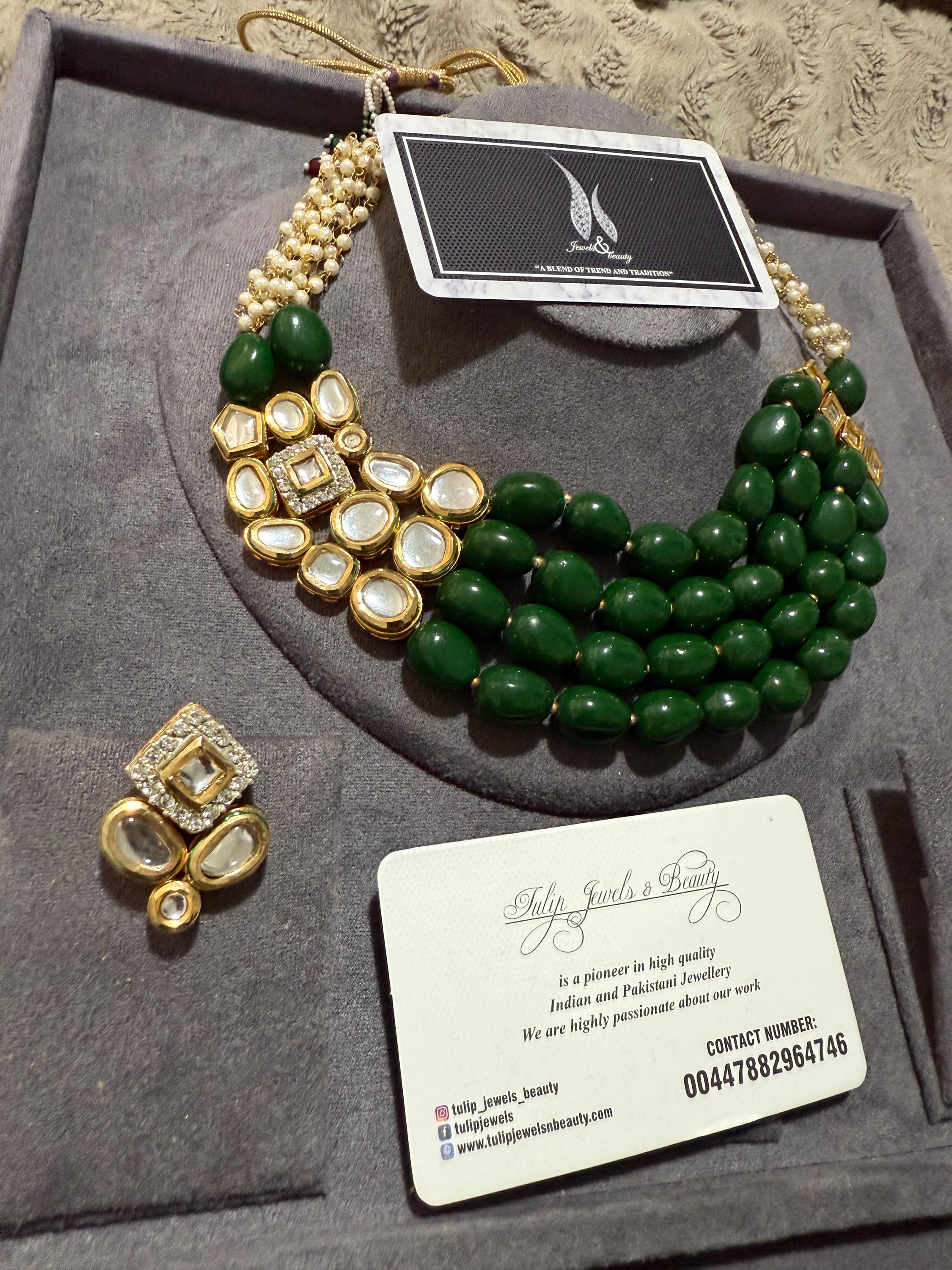 Kundan Choker Necklace Set: Green Beads, Traditional Indian Bridal Jewelry