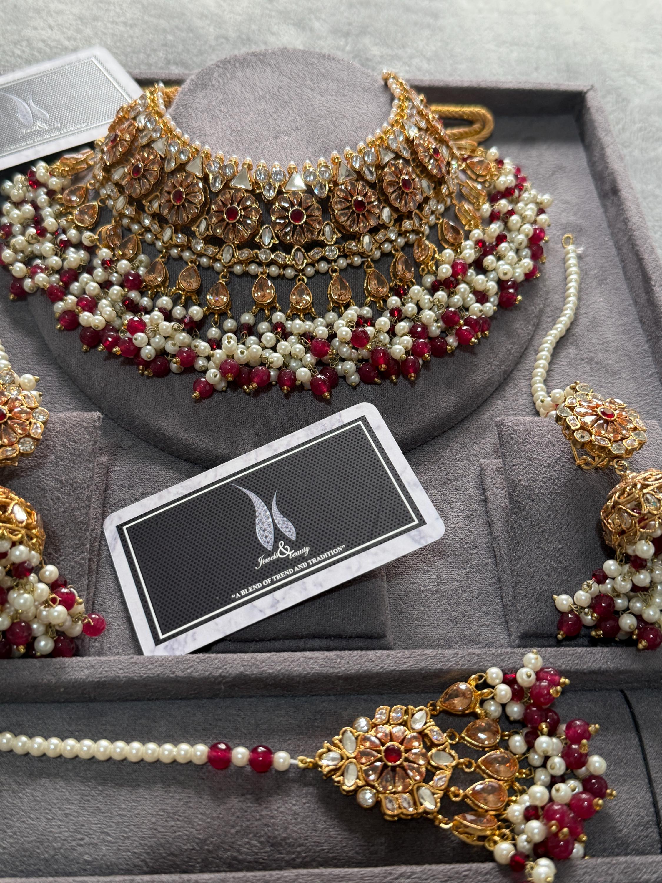 Gold Plated Indian Bridal Jewelry Set: CZ, Pearl, Maroon Beads