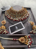 Gold Plated Indian Bridal Jewelry Set: CZ, Pearl, Maroon Beads