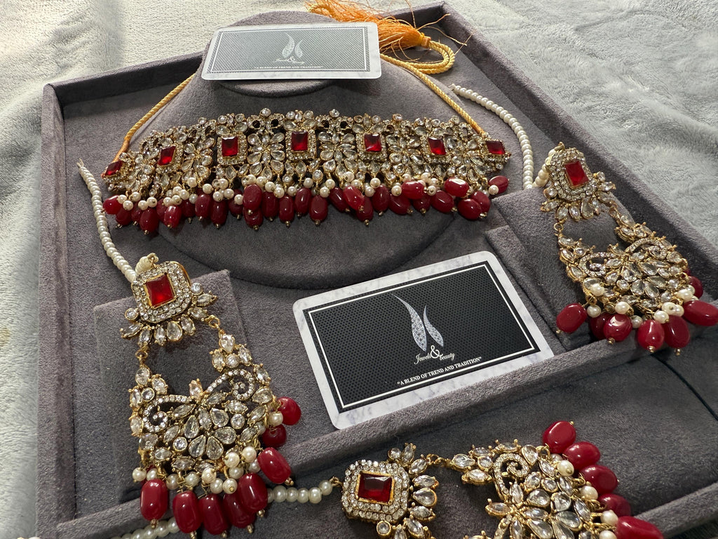 Pakistani / indian Red Bridal choker Jewelry Set , Gold-Plated CZ stones Choker, Earrings, Tikka & Jhummar