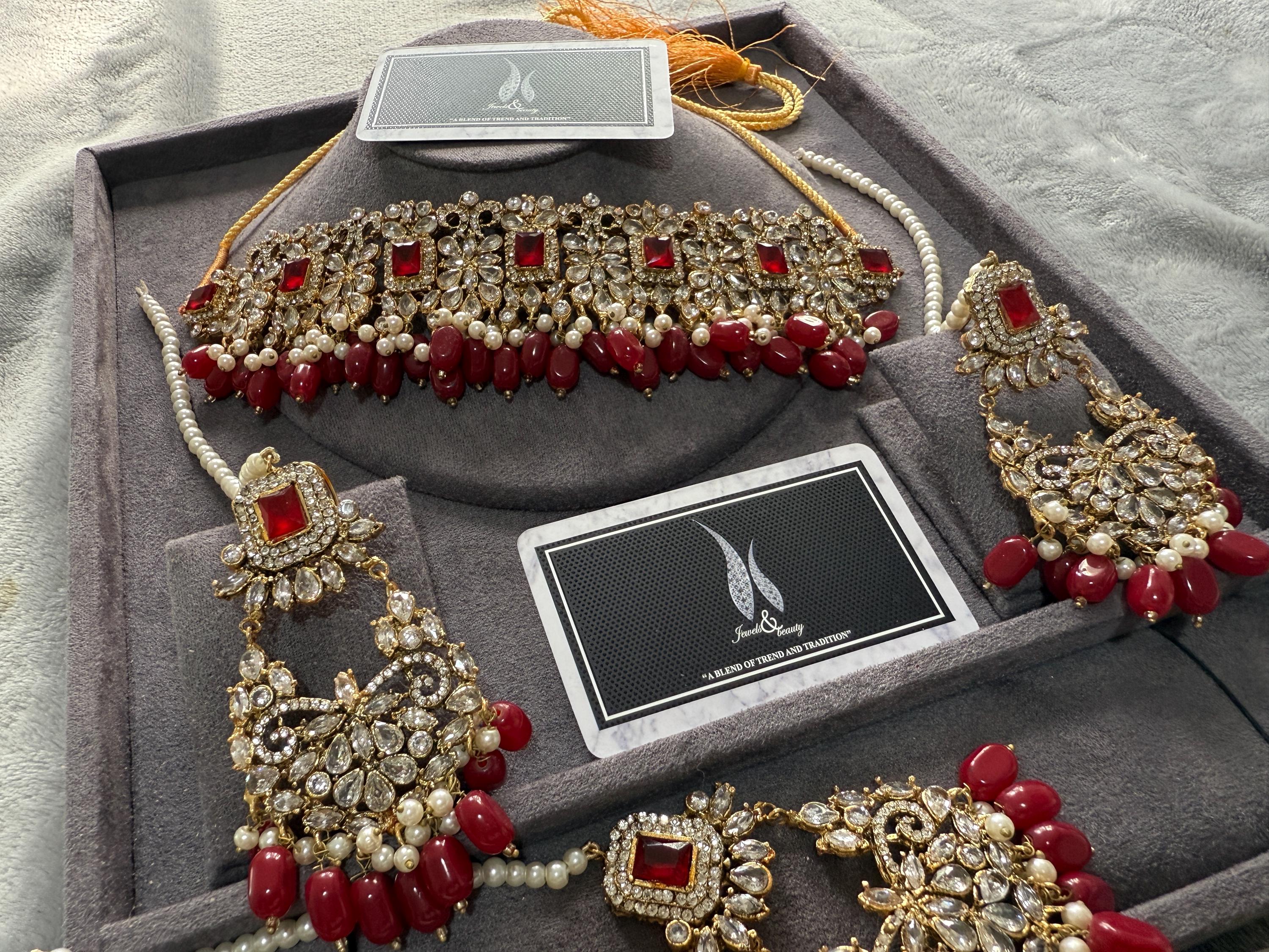 Pakistani / indian Red Bridal choker Jewelry Set , Gold-Plated CZ stones Choker, Earrings, Tikka & Jhummar