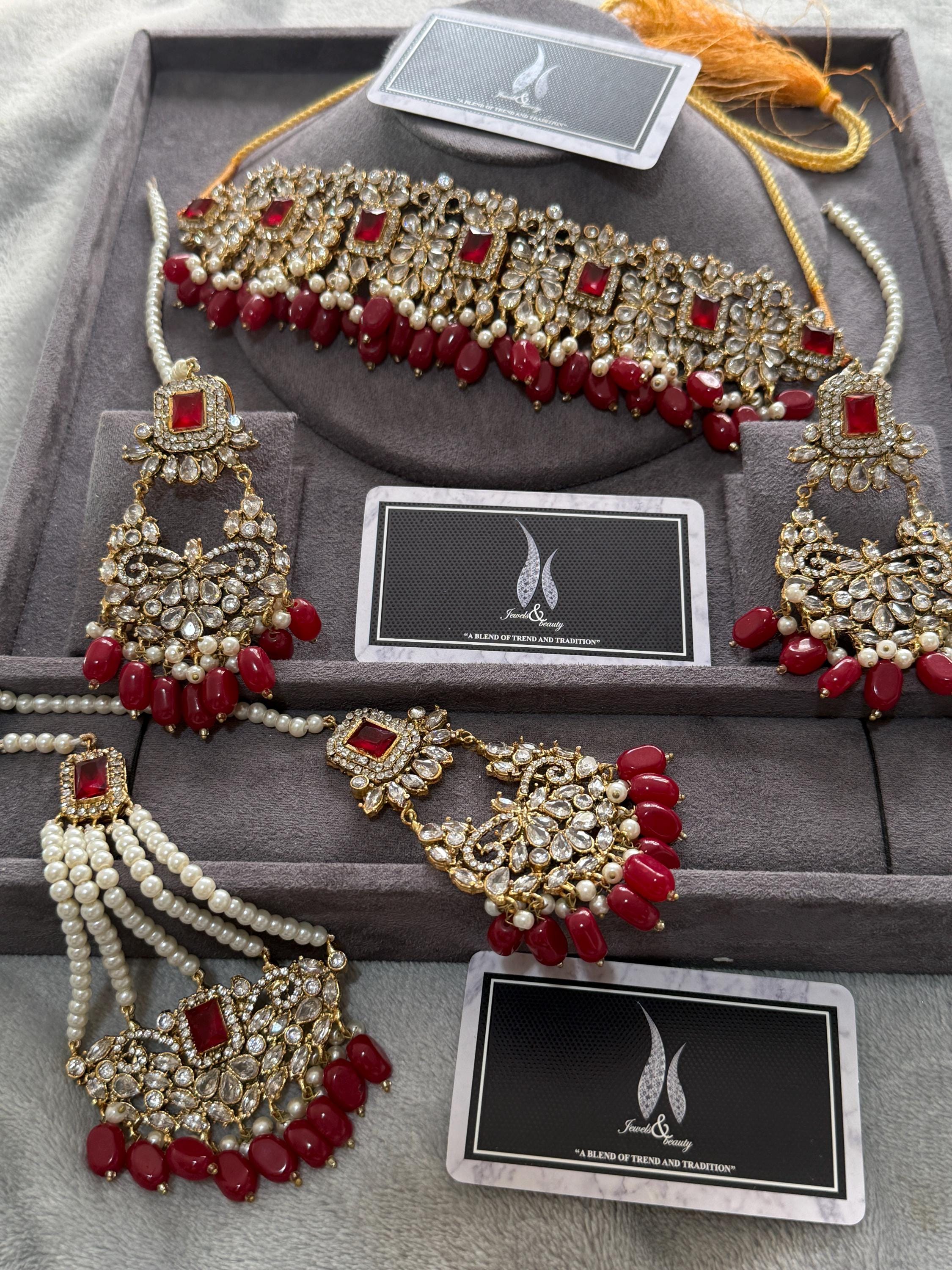 Pakistani / indian Red Bridal choker Jewelry Set , Gold-Plated CZ stones Choker, Earrings, Tikka & Jhummar