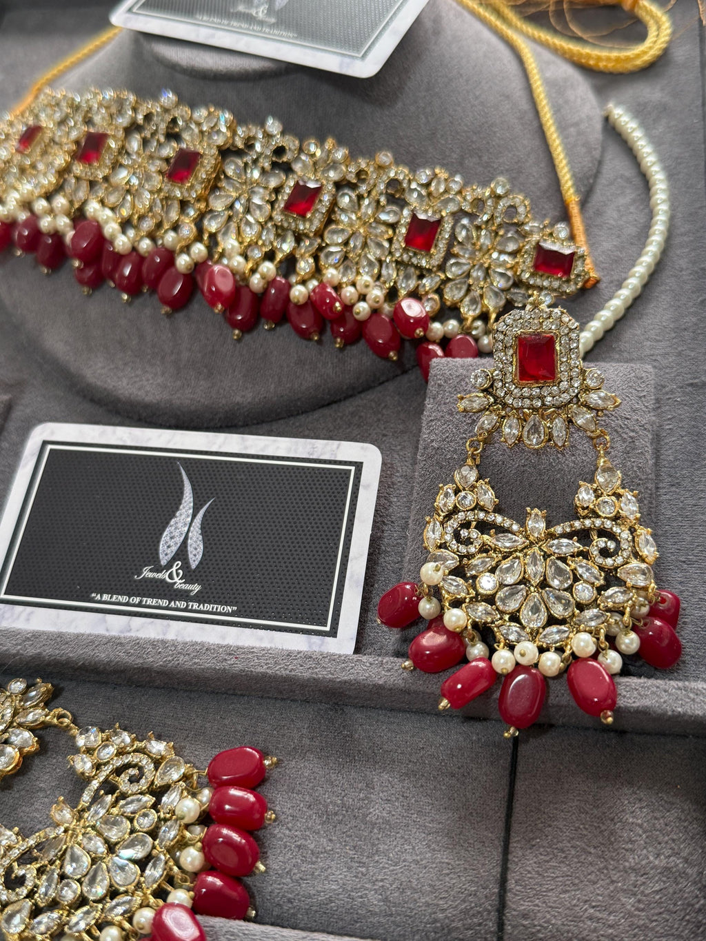 Pakistani / indian Red Bridal choker Jewelry Set , Gold-Plated CZ stones Choker, Earrings, Tikka & Jhummar