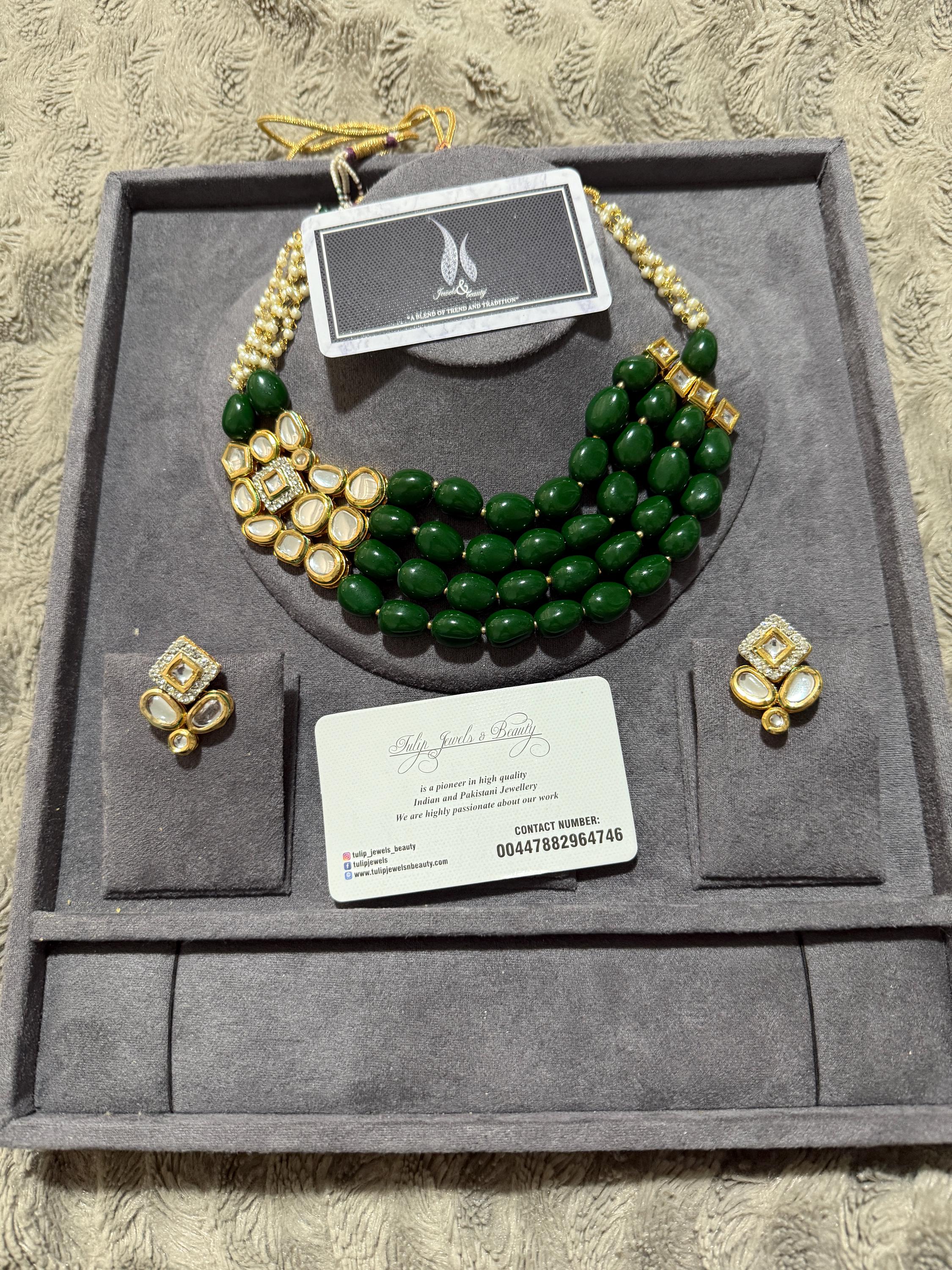 Kundan Choker Necklace Set: Green Beads, Traditional Indian Bridal Jewelry