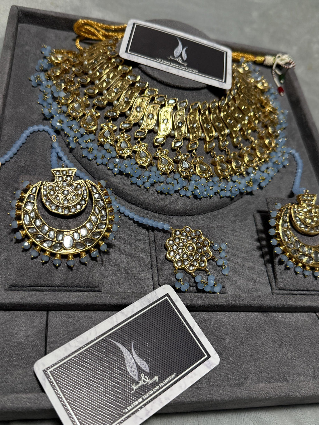 Antique Gold Kundan Bridal Jewelry Set | Powder Blue Indian Wedding Necklace