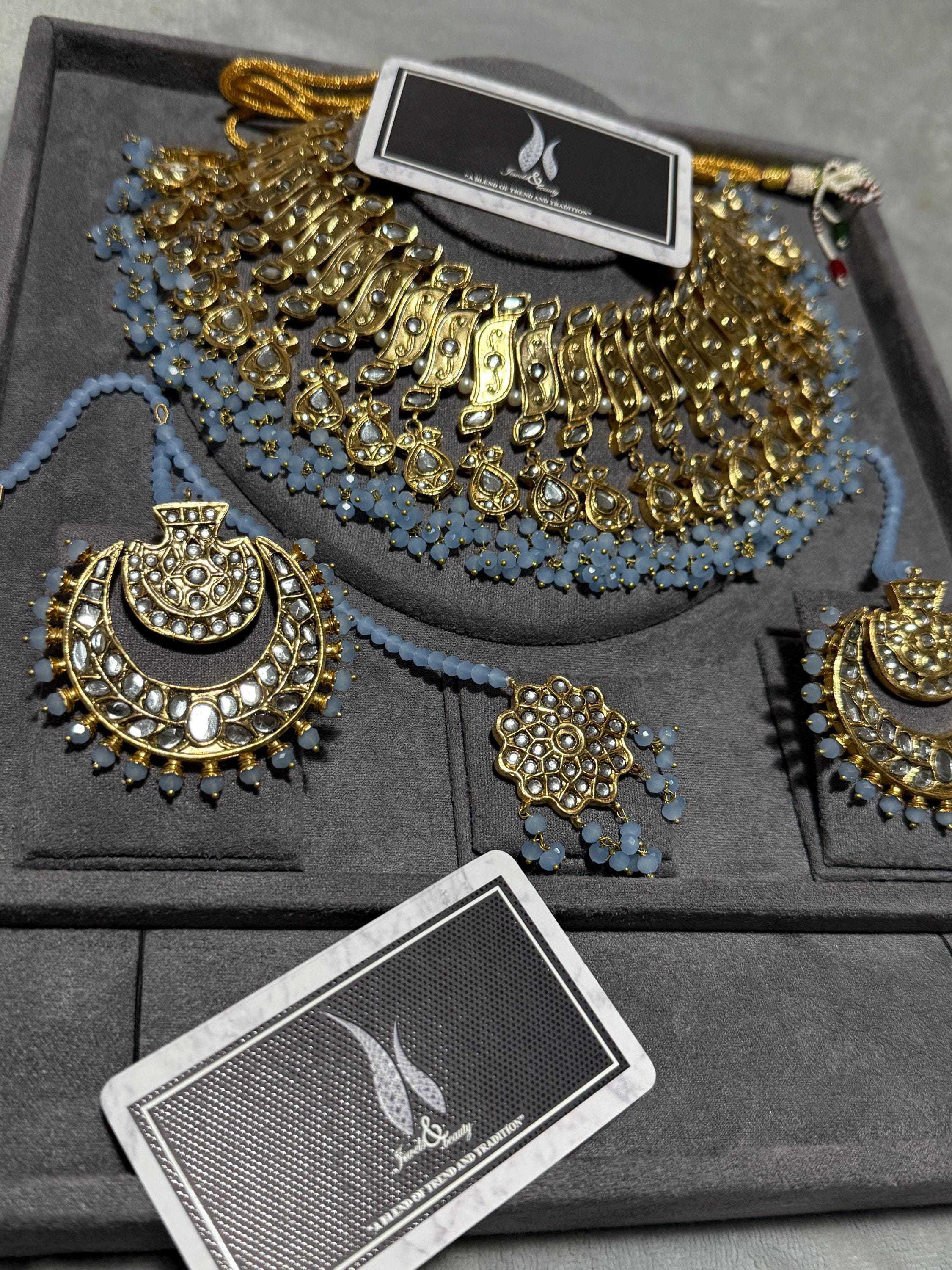 Antique Gold Kundan Bridal Jewelry Set | Powder Blue Indian Wedding Necklace