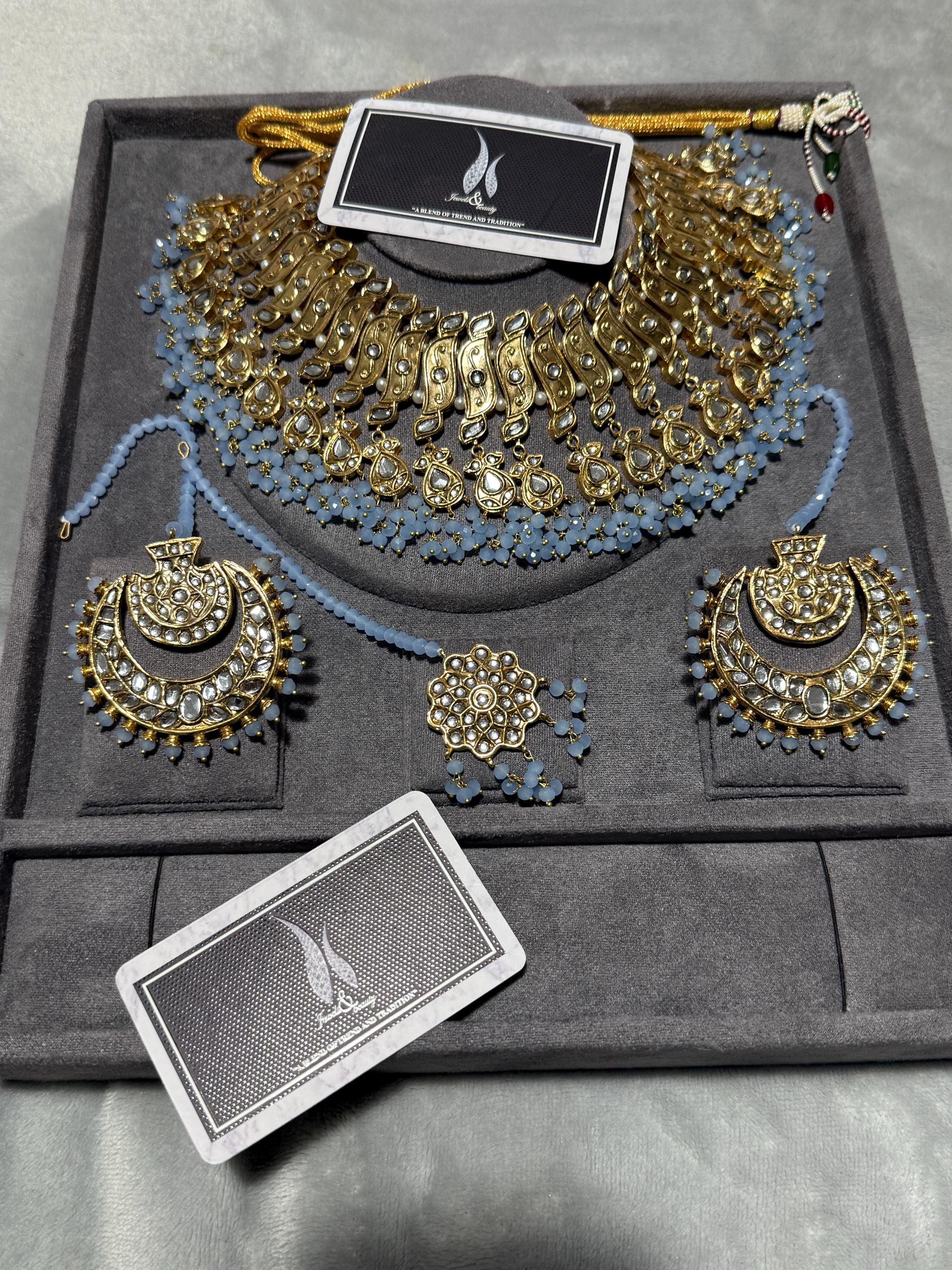 Antique Gold Kundan Bridal Jewelry Set | Powder Blue Indian Wedding Necklace