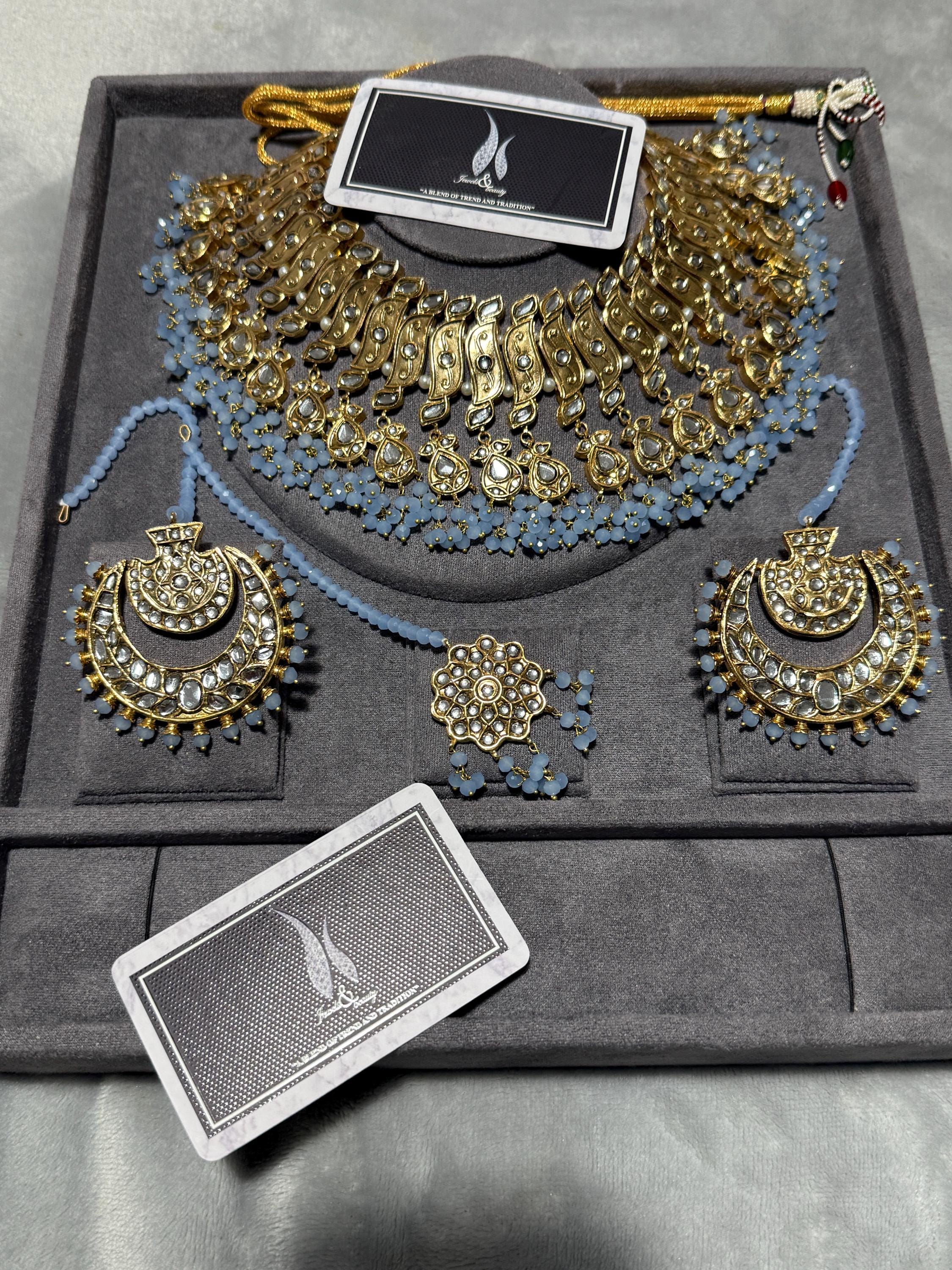 Antique Gold Kundan Bridal Jewelry Set | Powder Blue Indian Wedding Necklace