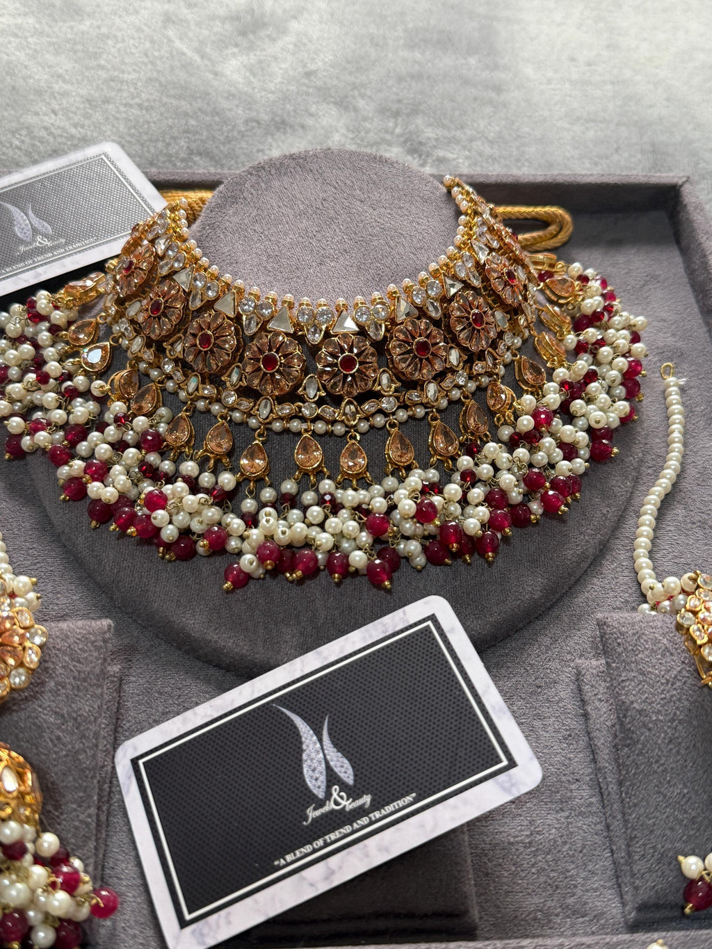 Gold Plated Indian Bridal Jewelry Set: CZ, Pearl, Maroon Beads