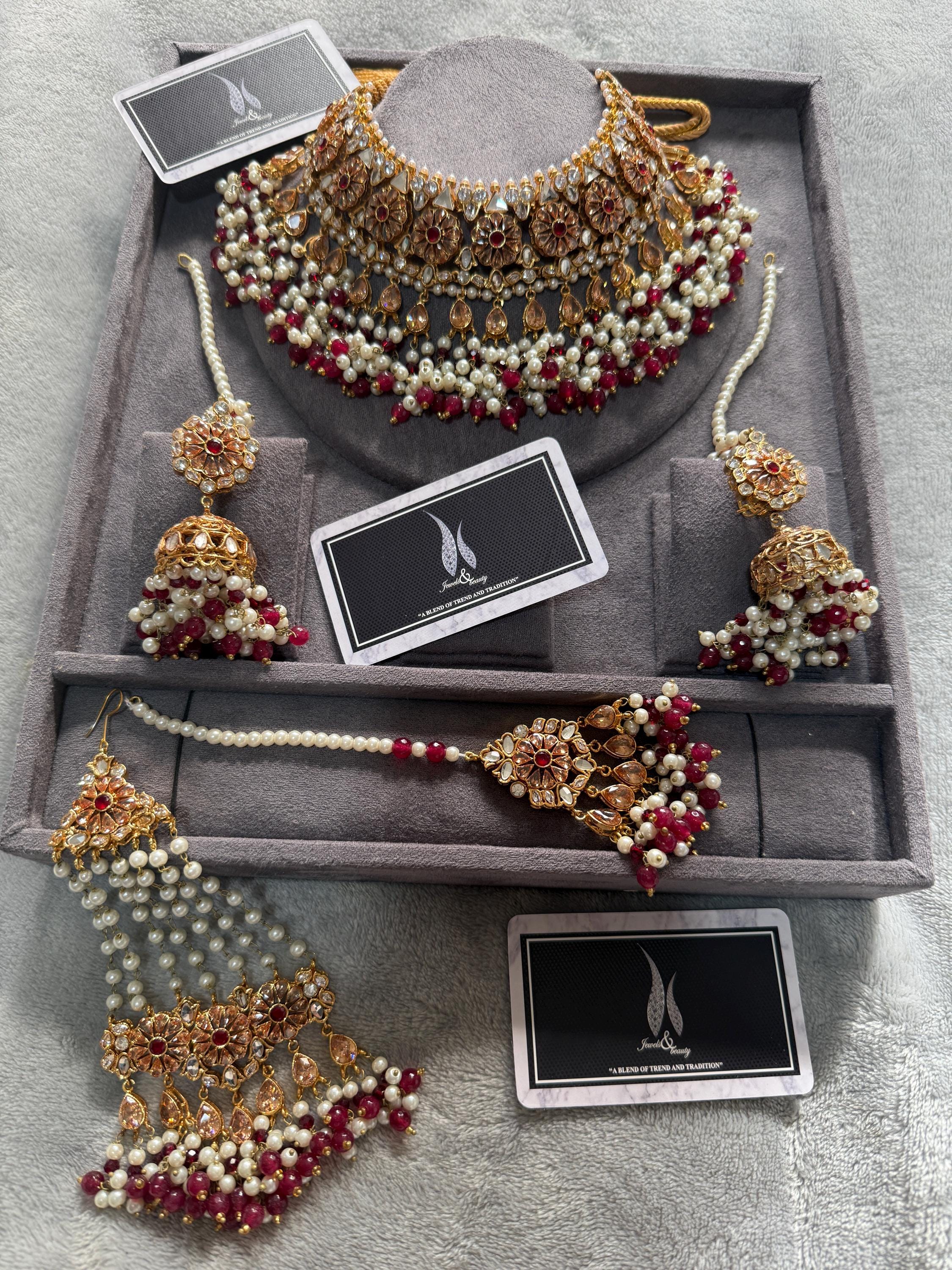 Gold Plated Indian Bridal Jewelry Set: CZ, Pearl, Maroon Beads