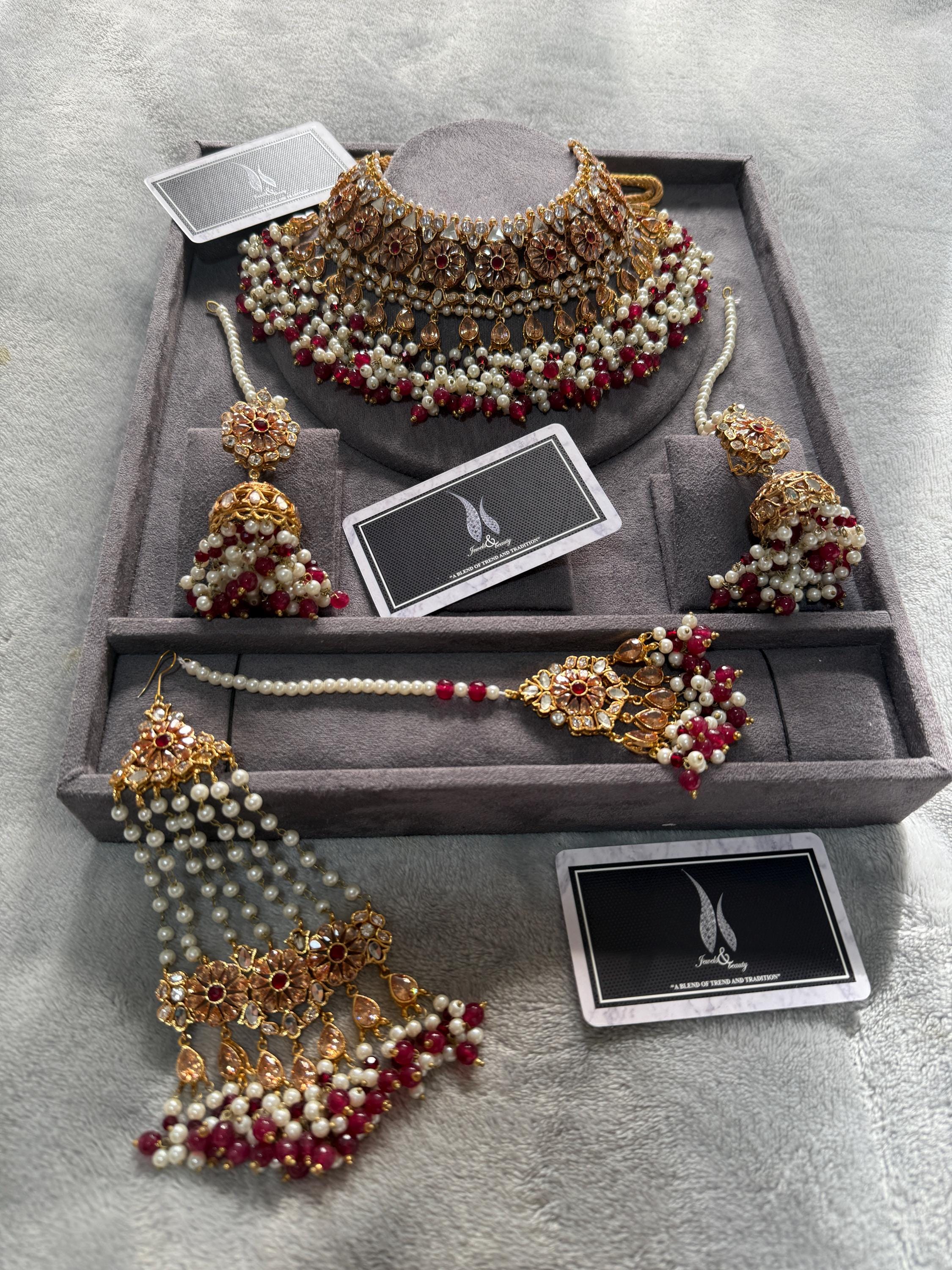 Gold Plated Indian Bridal Jewelry Set: CZ, Pearl, Maroon Beads