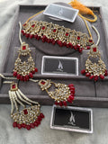 Pakistani / indian Red Bridal choker Jewelry Set , Gold-Plated CZ stones Choker, Earrings, Tikka & Jhummar
