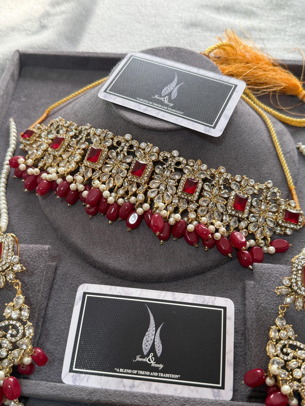 Pakistani / indian Red Bridal choker Jewelry Set , Gold-Plated CZ stones Choker, Earrings, Tikka & Jhummar