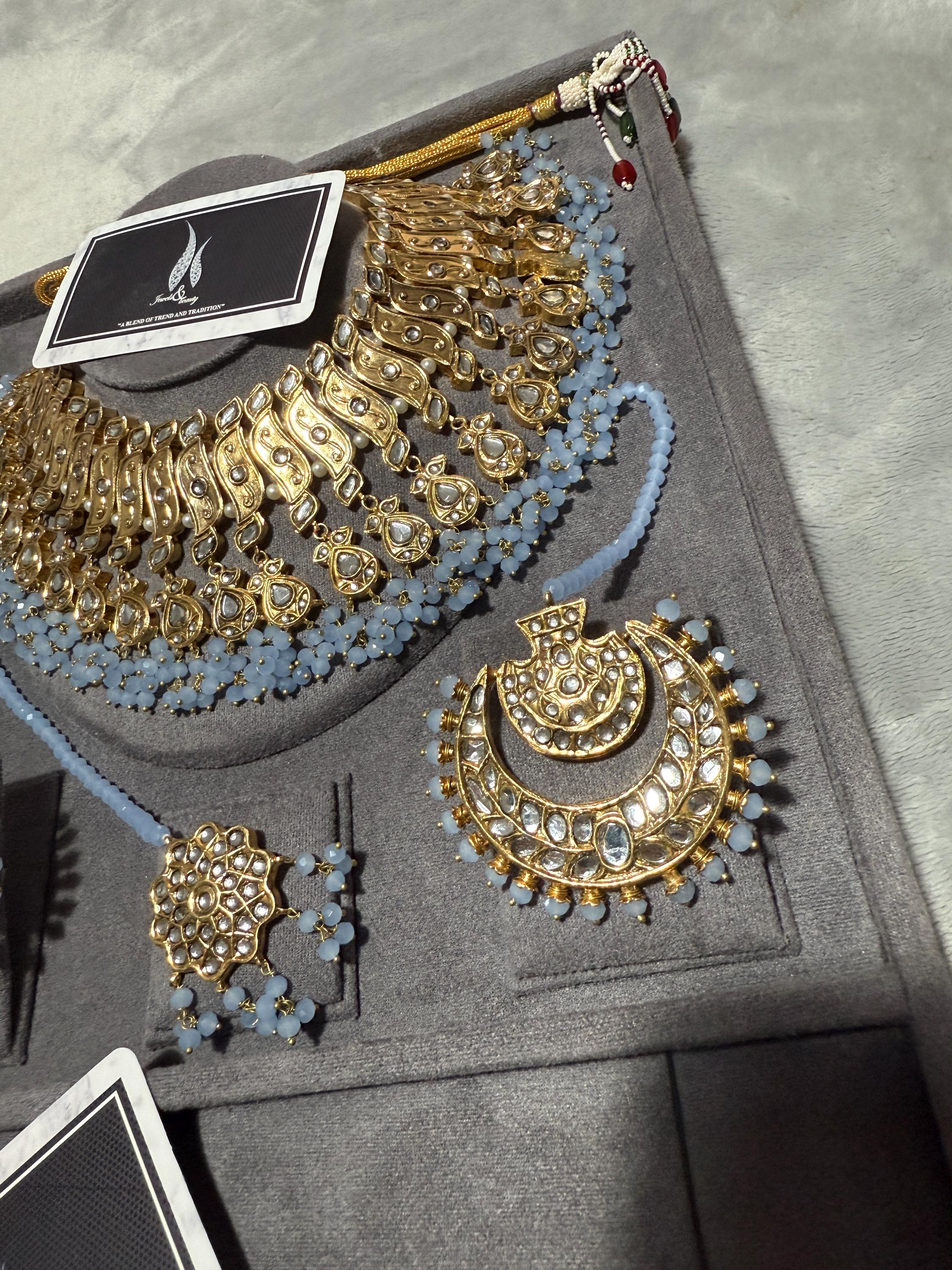 Antique Gold Kundan Bridal Jewelry Set | Powder Blue Indian Wedding Necklace
