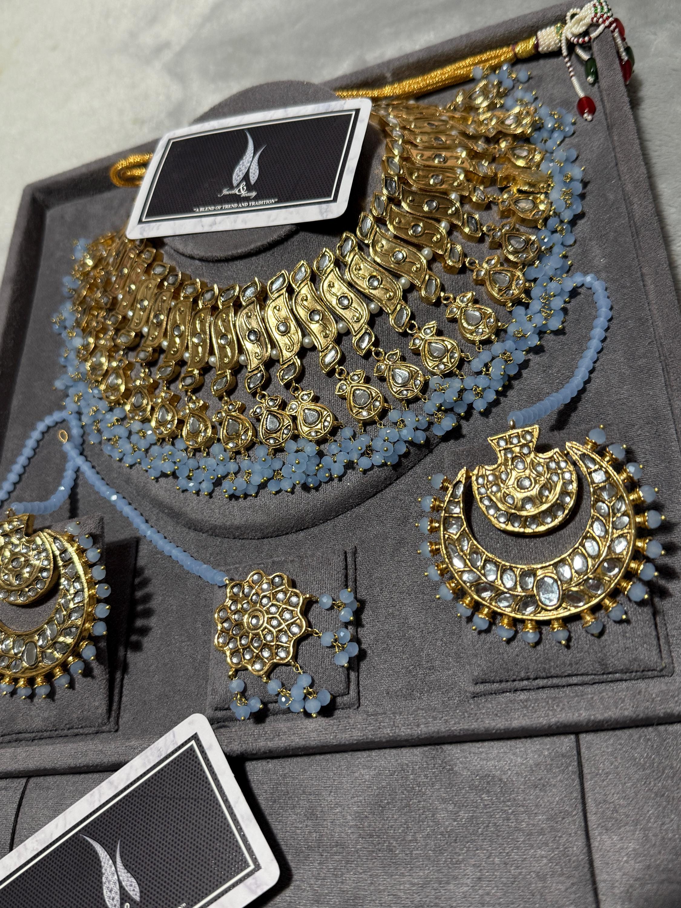 Antique Gold Kundan Bridal Jewelry Set | Powder Blue Indian Wedding Necklace