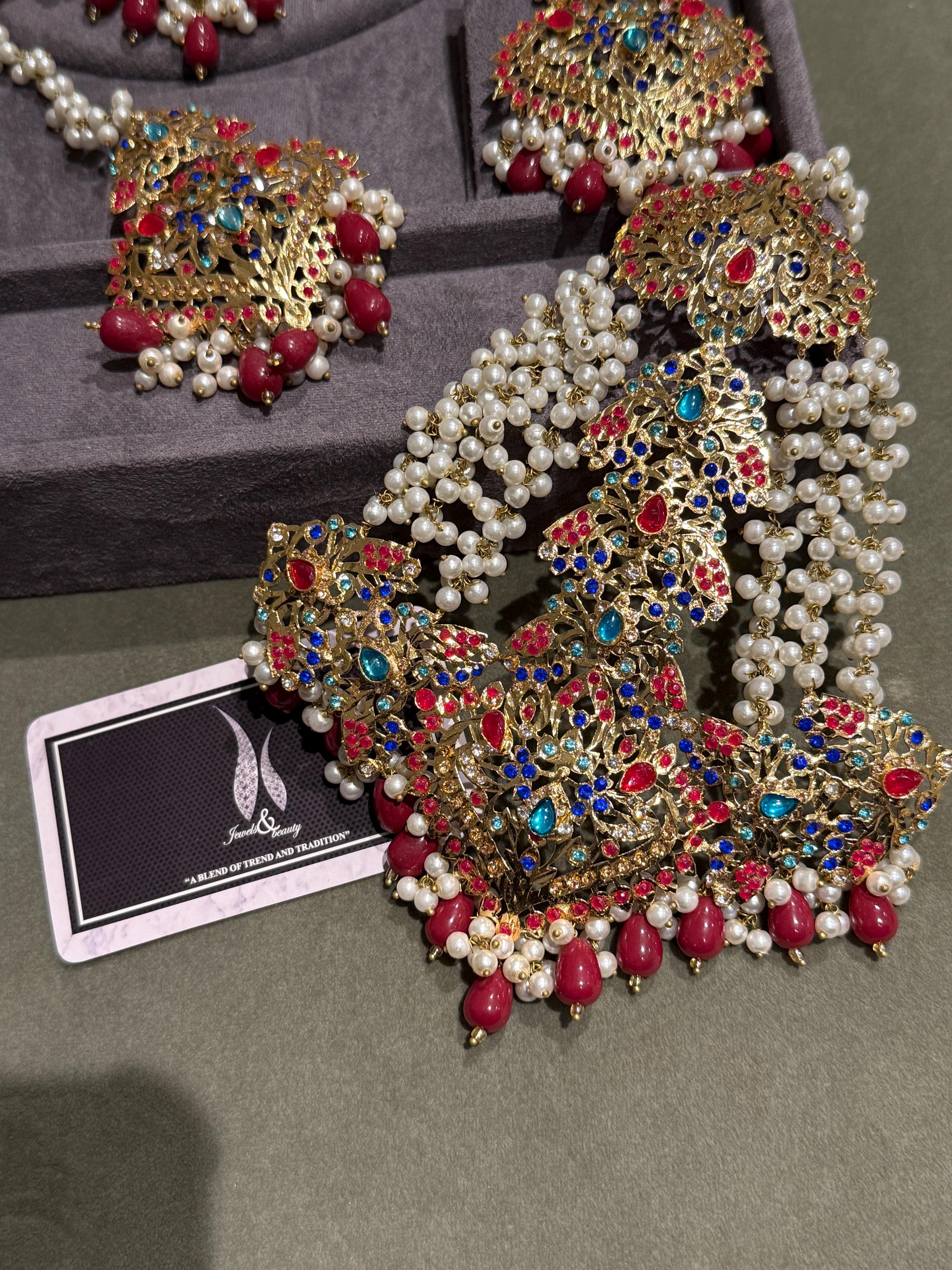 Hyderabadi handmade Traditional Bridal Jewellery set, multi coloured Navratan Jewelry pakistani Jewellery Indian jewelry