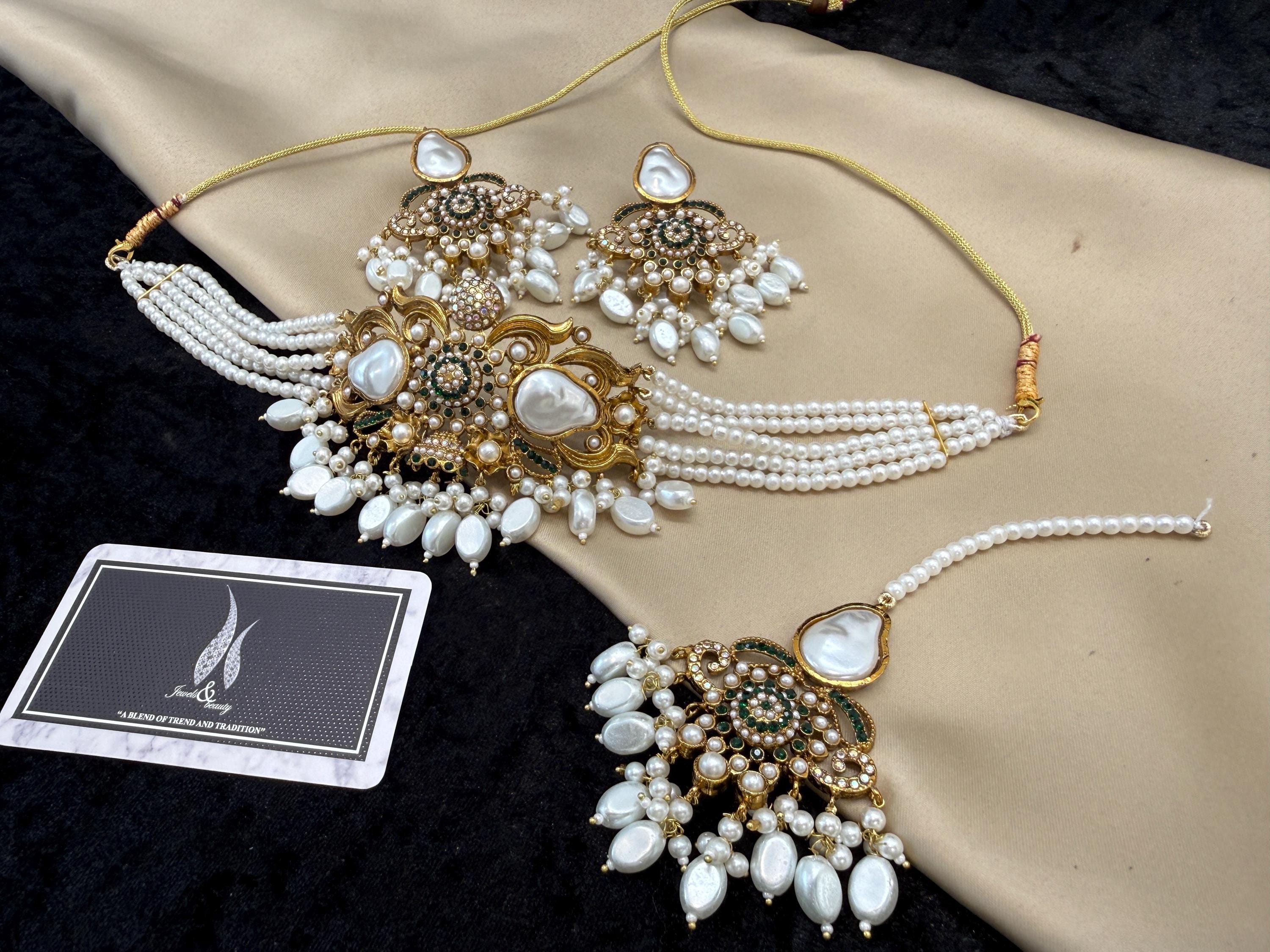 Gold Antique Polish choker Set, Indian Jewelry, Pakistani bridal Jewellery set