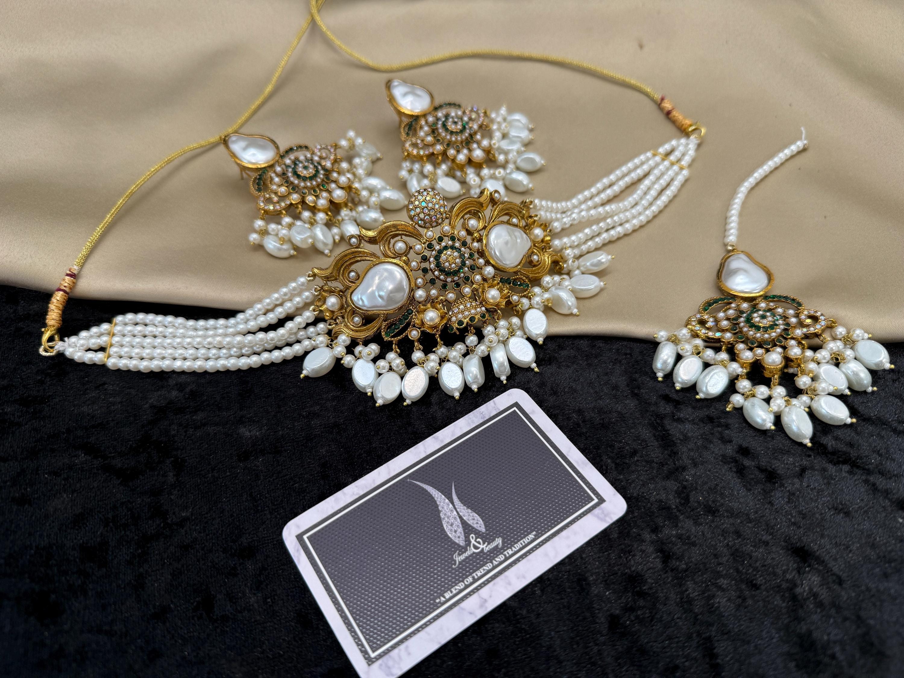 Gold Antique Polish choker Set, Indian Jewelry, Pakistani bridal Jewellery set