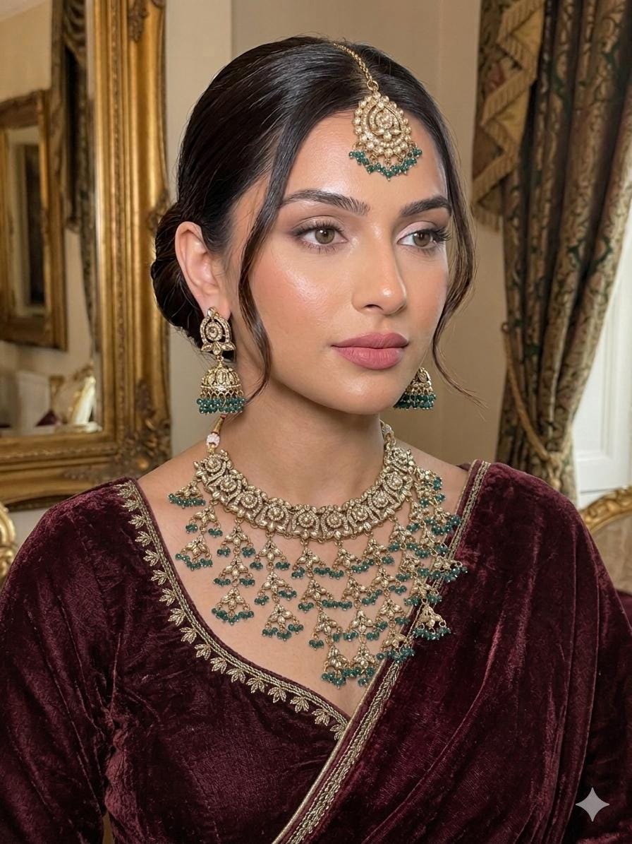 Polki choker jhumki and tikka set antique polish Green jewellery set , Indian jewelry Pakistani jewellery  Jhumki Earrings,