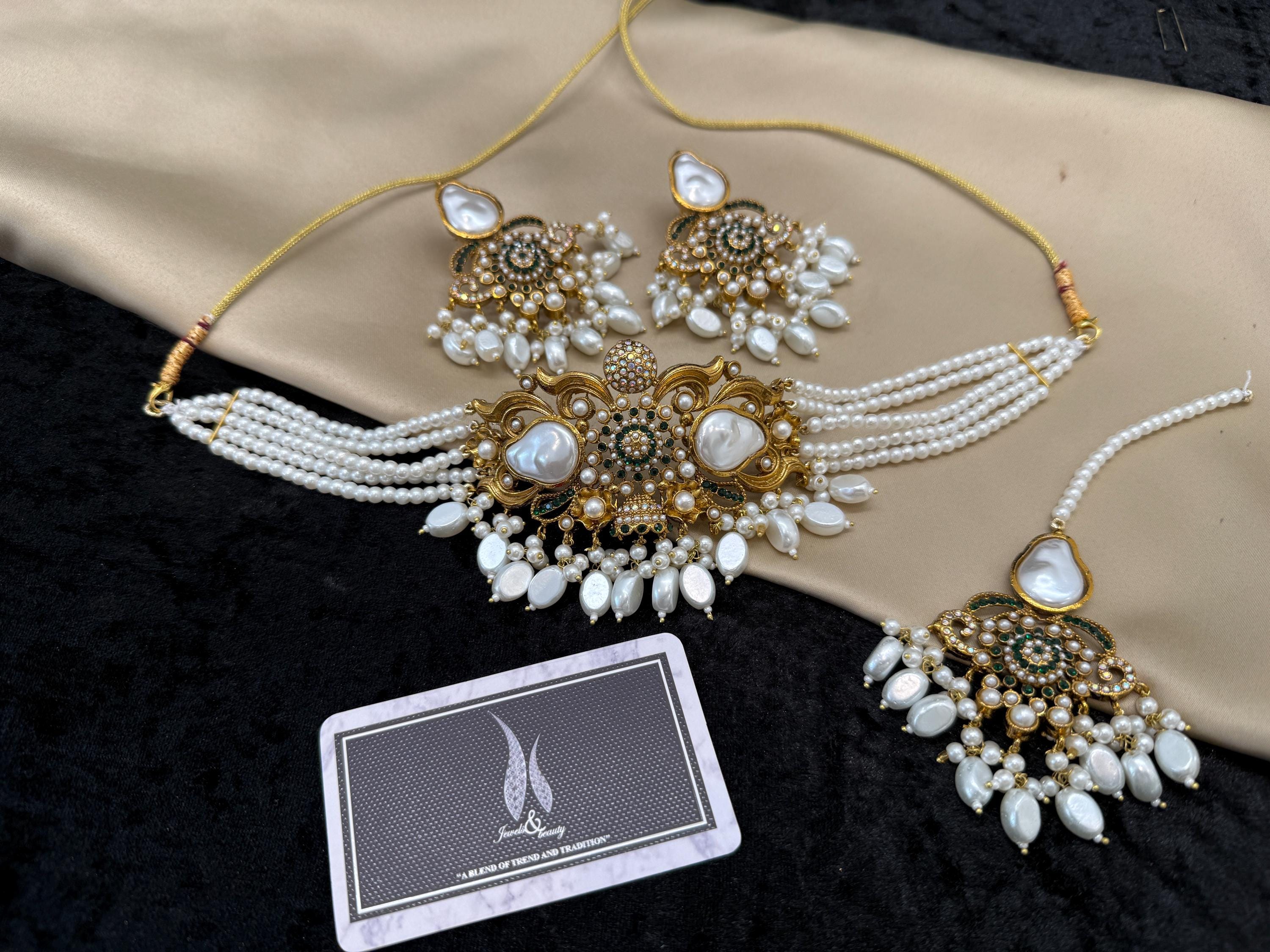 Gold Antique Polish choker Set, Indian Jewelry, Pakistani bridal Jewellery set