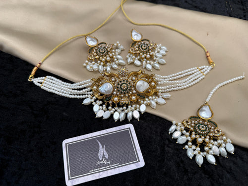Gold Antique Polish choker Set, Indian Jewelry, Pakistani bridal Jewellery set