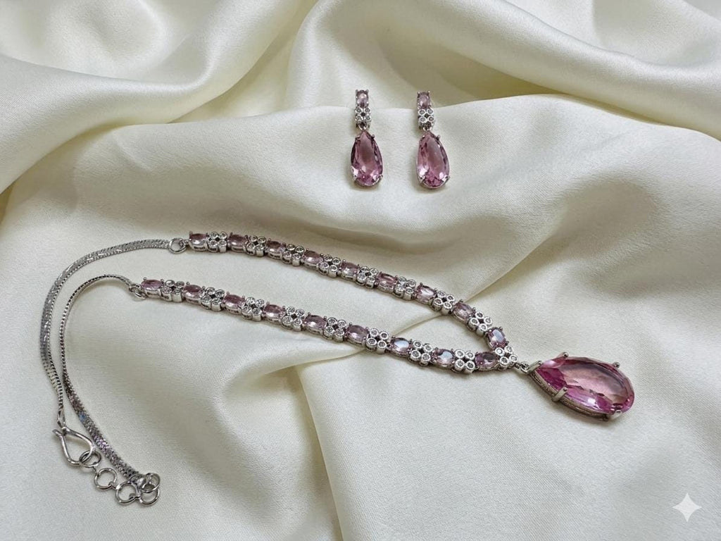 Pink Crystal Bridal Jewelry Set, Teardrop Necklace and Earrings Set, Blush Pink Wedding Jewelry, Bridesmaid Gift, Silver Statement Necklace