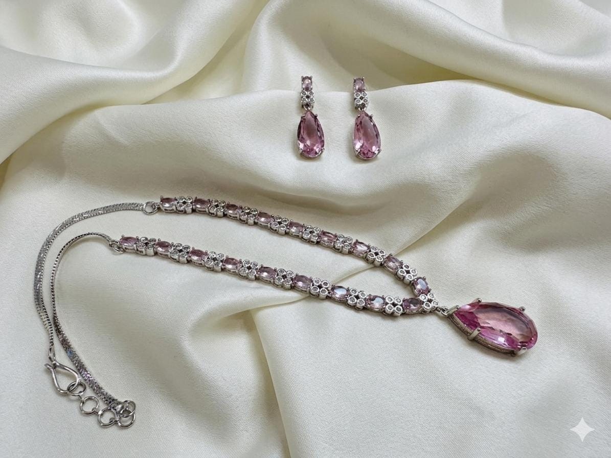 Pink Crystal Bridal Jewelry Set, Teardrop Necklace and Earrings Set, Blush Pink Wedding Jewelry, Bridesmaid Gift, Silver Statement Necklace