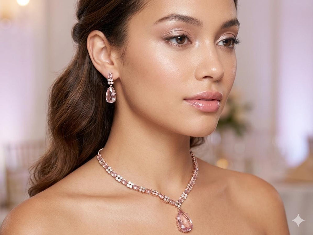 Pink Crystal Bridal Jewelry Set, Teardrop Necklace and Earrings Set, Blush Pink Wedding Jewelry, Bridesmaid Gift, Silver Statement Necklace