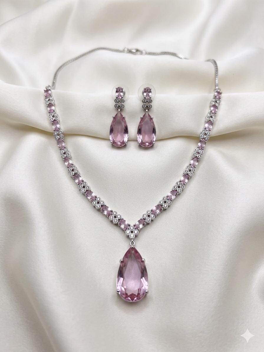 Pink Crystal Bridal Jewelry Set, Teardrop Necklace and Earrings Set, Blush Pink Wedding Jewelry, Bridesmaid Gift, Silver Statement Necklace