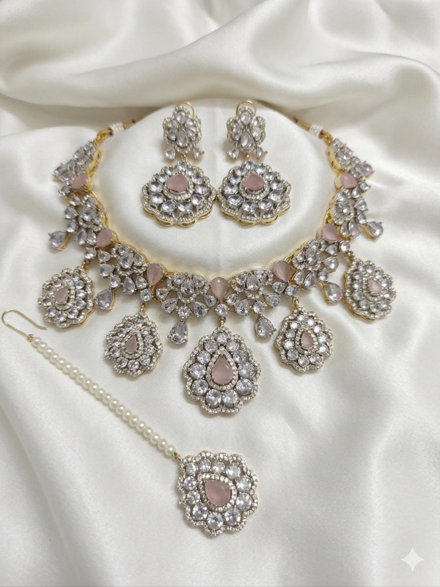 Pink Kundan Bridal Set | Pakistani Wedding Jewelry Set | Necklace Earrings Tikka Set | Indian Bridal Jewelry | Indian Wedding Jewelry
