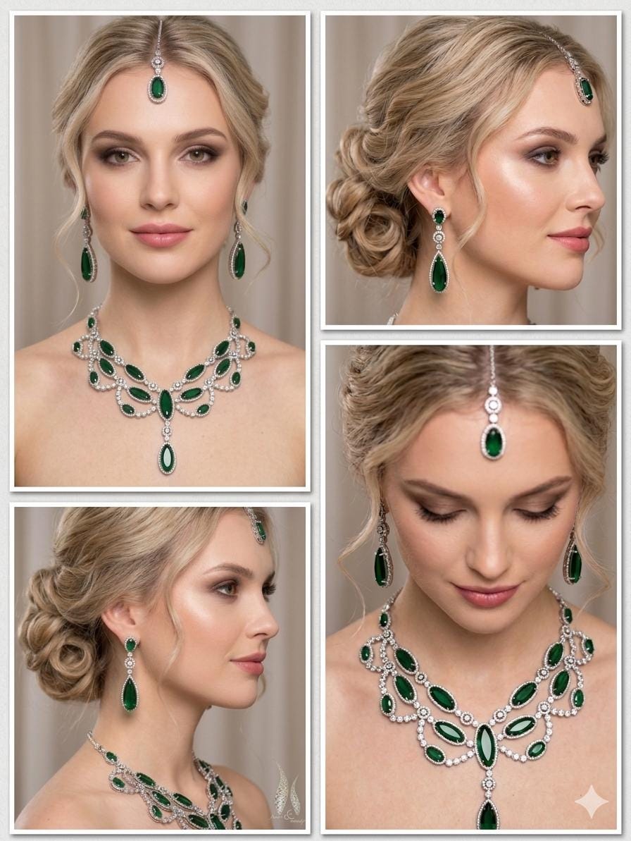 Emerald Green Bridal Jewelry Set | Luxury Silver Zircon Necklace & Earrings Set | Wedding Statement Jewelry | Indian Pakistani Bridal Set