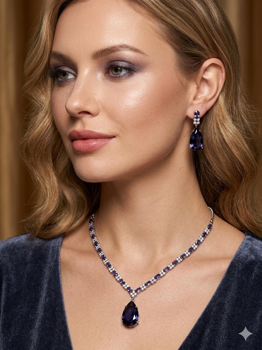 Purpl Crystal Bridal Jewelry Set, Teardrop Necklace and Earrings Set, purple Wedding Jewelry, Bridesmaid Gift, Silver Statement Necklace